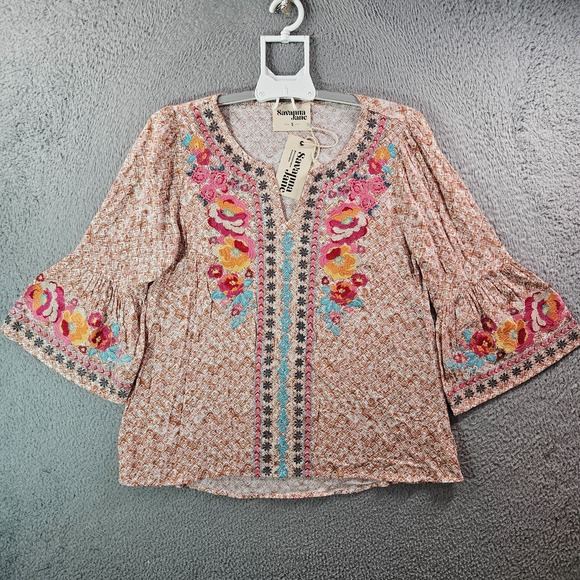 Savanna Jane Tops - NEW Savanna Jane Top‎ Blouse Women Small Embroidered Bell Sleeve Multicolor Boho